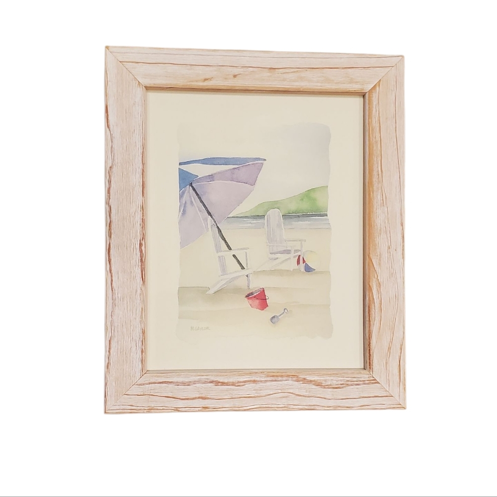 M. Saylor Framed Beach Watercolor Wall Art Beachy Umbrella Scene Home Decor